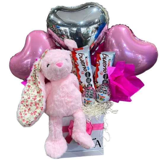 box con chocolate globos y peluche pascuas I